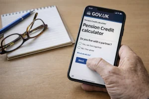 GOV.UK Pension Credit eligibility tool displayed on smartphone