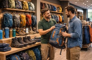 Go Outdoors staff assisting a customer with outdoor gear