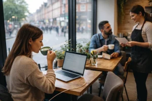Jasmine working on her laptop inside Black Sheep Coffee Preston with drinks on the table