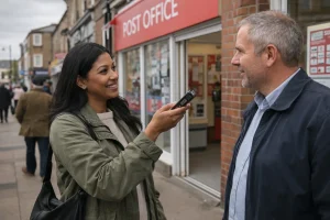 Journalist interviewing a local resident in Preston about the DWP cost of living payment.