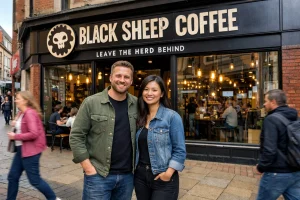 Justin and Jasmine outside Black Sheep Coffee Preston on Fishergate