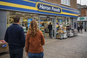 Justin and Jasmine standing outside a Heron Foods-style store, observing the entrance
