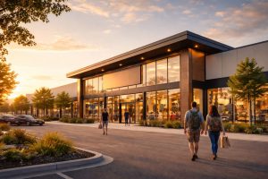 Modern exterior of Go Outdoors Preston at Deepdale Shopping Park