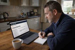Older man researching pensioner benefits on a laptop at home