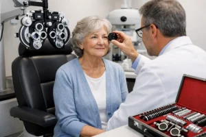 Older woman taking an eye test at a modern optician clinic during licence renewal process