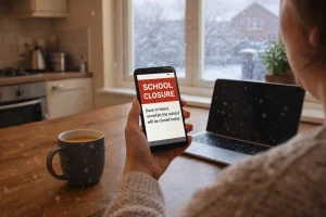 Parent reading school closure notification on phone at home near a frosty window