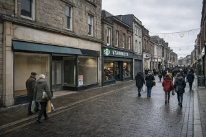 Pedestrians passing a vacant café unit on Dumfries High Street.