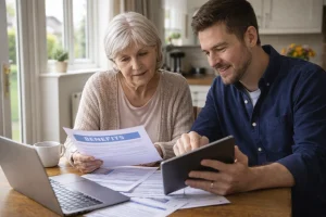 Pensioner discussing benefit forms with family member at home