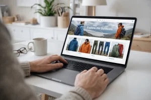 Person shopping for outdoor clothing online at home