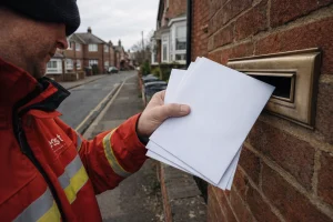 Postal delivery of DWP strike ballot envelopes in a British neighbourhood