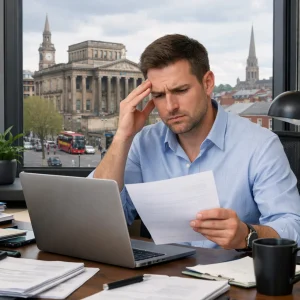 Professional in UK office reviewing sensitive data with serious expression