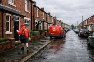 Royal Mail postman delivering letters in a Preston neighbourhood on a Saturday morning