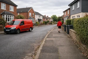 Royal Mail van making deliveries in a quiet Preston street on a Saturday