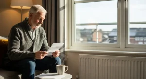 Senior man reading Winter Fuel Payment letter in a warm UK home during winter