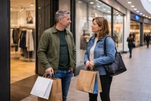 Shoppers in discussion near a high street shopping centre entrance