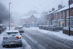Snow-covered UK school building in winter with icy playground and cloudy sky