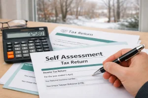 Tax documents and calculator used by pensioner for Self Assessment repayment of winter fuel payment