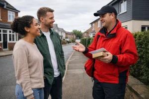 Two people chatting with a Royal Mail delivery worker on a Saturday in Preston