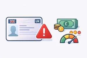 UK driving licence with visual indicators of fine and penalty points