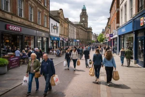 View of Preston high street with local residents going about daily activities