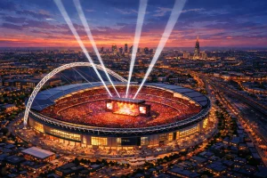 Wembley Stadium during a live concert in London at dusk