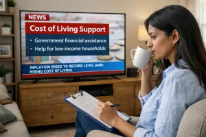 Journalist analysing news coverage on cost of living payments from a UK government broadcast