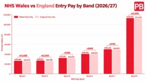 Bar graph comparing NHS Wales and NHS England 202627 entry pay for Bands 2, 3, 5, 6, 7 and 9, showing Wales pays more in each band.