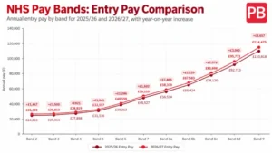 Line graph comparing NHS Wales 202526 and 202627 entry pay across Bands 2 to 9, showing annual salary increases.