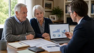 Married British couple reviewing a £500,000 joint-life annuity designed to continue retirement income for a surviving spouse.