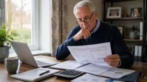 UK pensioner reviewing taxable annuity income from a £500,000 pension alongside PAYE and retirement income document