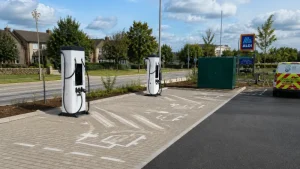 Aldi EV charging bays with fast and rapid chargers in a supermarket car park