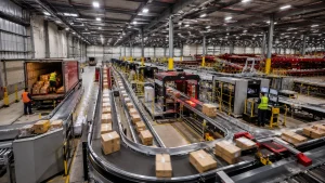 Automated parcel sorting facility with conveyor systems, scanning equipment, logistics workers and thousands of packages