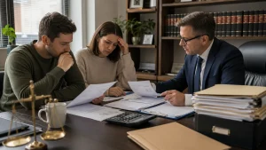 Beneficiaries and solicitor reviewing disputed estate transactions and missing money