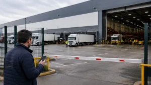 Customer checking a smartphone outside a secured parcel processing warehouse with trucks and automated sorting operations