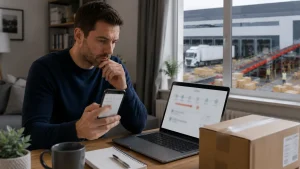 Customer checking delayed parcel tracking at home while a large parcel processing and logistics facility operates in the background