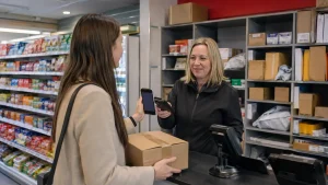 Customer collecting a parcel from a Post Office counter on a bank holiday.