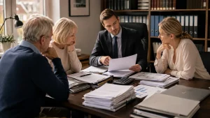Family and solicitor reviewing the costs, administration and responsibilities of a UK family trust