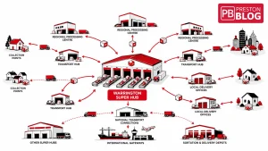 Infographic showing Warrington Super Hub connected to regional processing centres, transport hubs, delivery offices and UK destinations