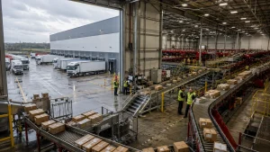 Modern Warrington parcel super hub with automated conveyor systems, logistics workers and delivery trucks during early operations