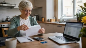 New retiree reviewing pension documents while waiting for the first State Pension payment.
