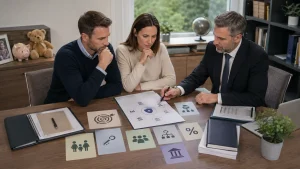 Parents and an adviser carefully planning a child trust fund around family goals and long-term needs