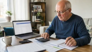 Pensioner calculating the next State Pension payment date using financial documents and a calculator