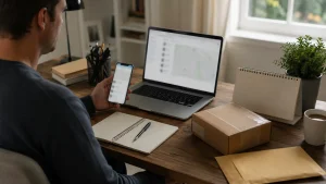 Person checking Post Office bank holiday opening times using a smartphone and laptop.