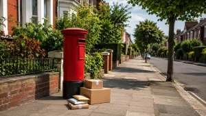 Quiet residential street representing paused Royal Mail deliveries during a UK bank holiday.