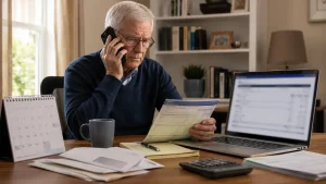 Retired person abroad managing international pension payments and personal finances.
