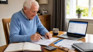 Retiree reviewing a household budget and payment schedule at home to understand four-week State Pension payments.