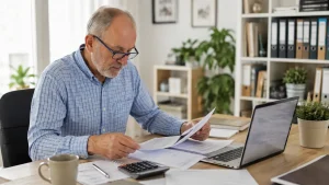 Retiree reviewing financial documents after an annual State Pension increase.
