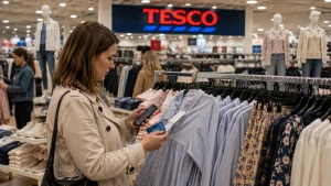 Shopper checking an F&F clothing item before buying inside a Tesco supermarket