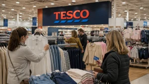 Tesco shoppers browsing F&F clothing during a supermarket fashion promotion