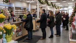 UK Post Office with seasonal decorations during Easter and Christmas postal services.
